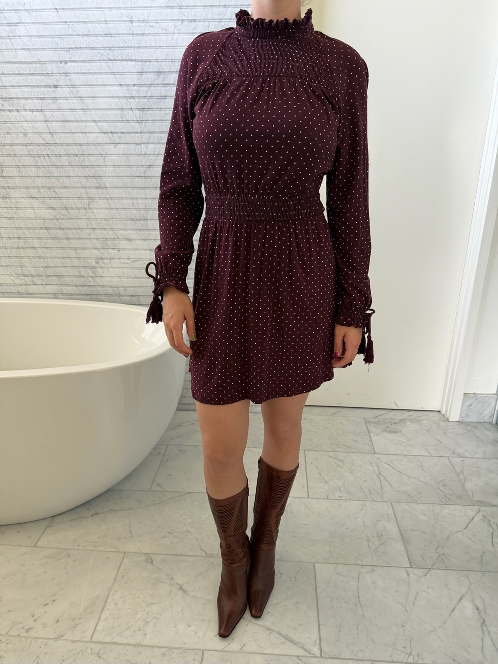 Topshop Burgundy Mini Dress with White Polka Dots